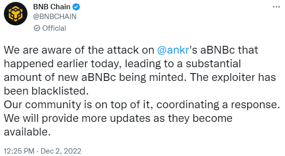 BNB Chain：已将Ankr的aBNBc攻击者列入黑名单