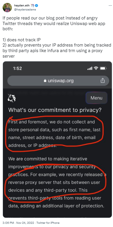 Uniswap创始人：Uniswap不追踪IP，且可防用户IP被第三方API追踪