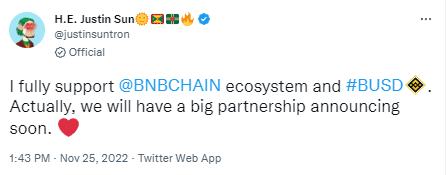 孙宇晨：支持BNB Chain生态系统和BUSD，即将宣布重大合作关系